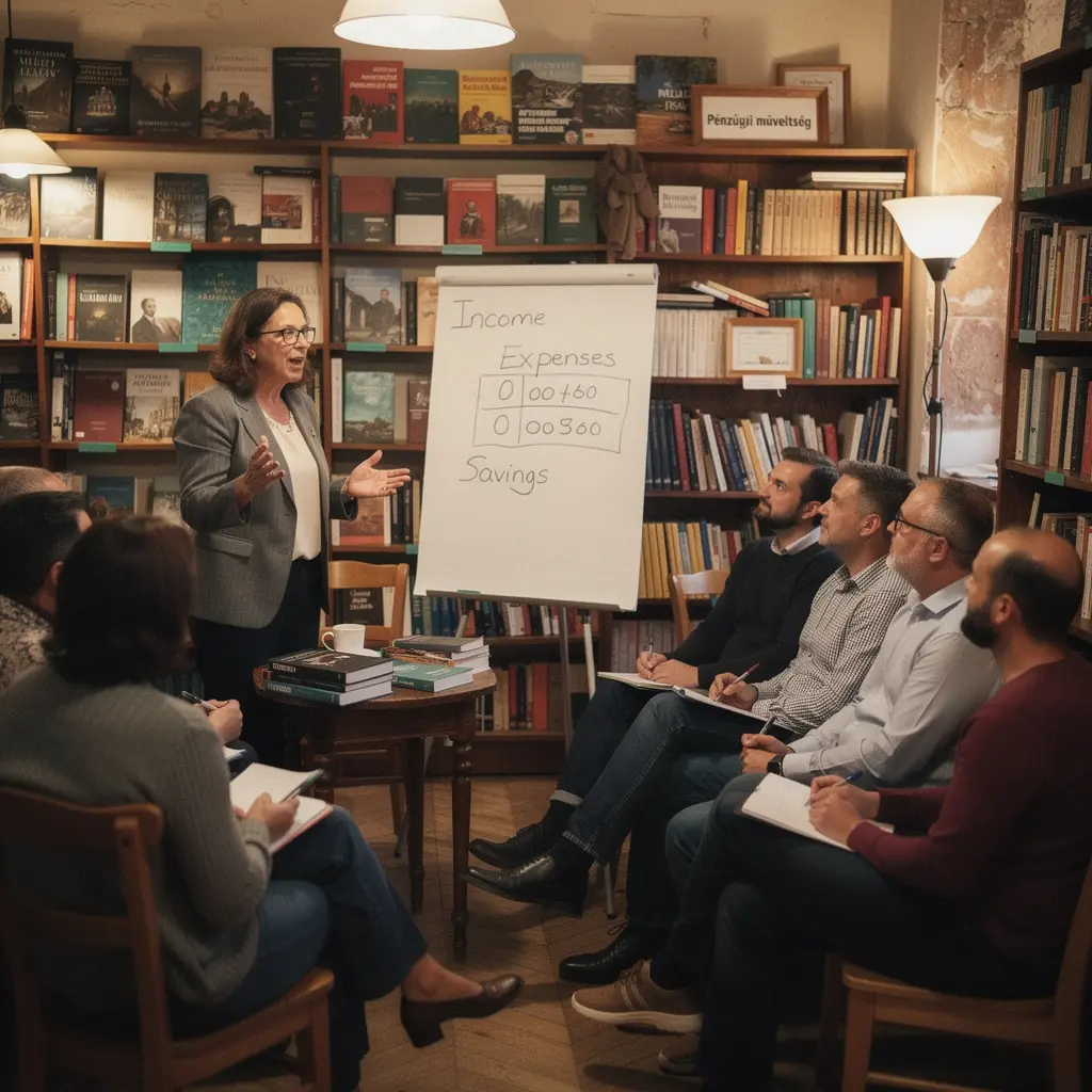 Csoportos pénzügyi workshop résztvevői, akik tapasztalatokat osztanak meg.