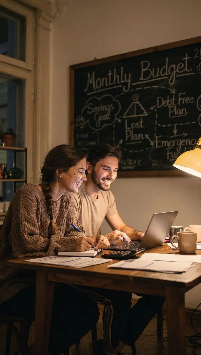 Havi pénzügyi tervek írása egy naplóban, ceruzával.